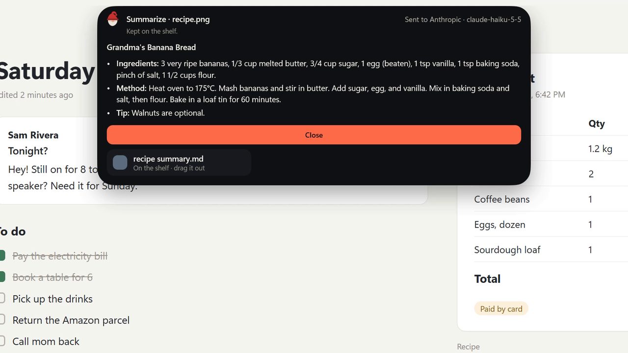 A recipe card dropped on Summarize: the summary shows in the island and is kept on the Shelf as a file.