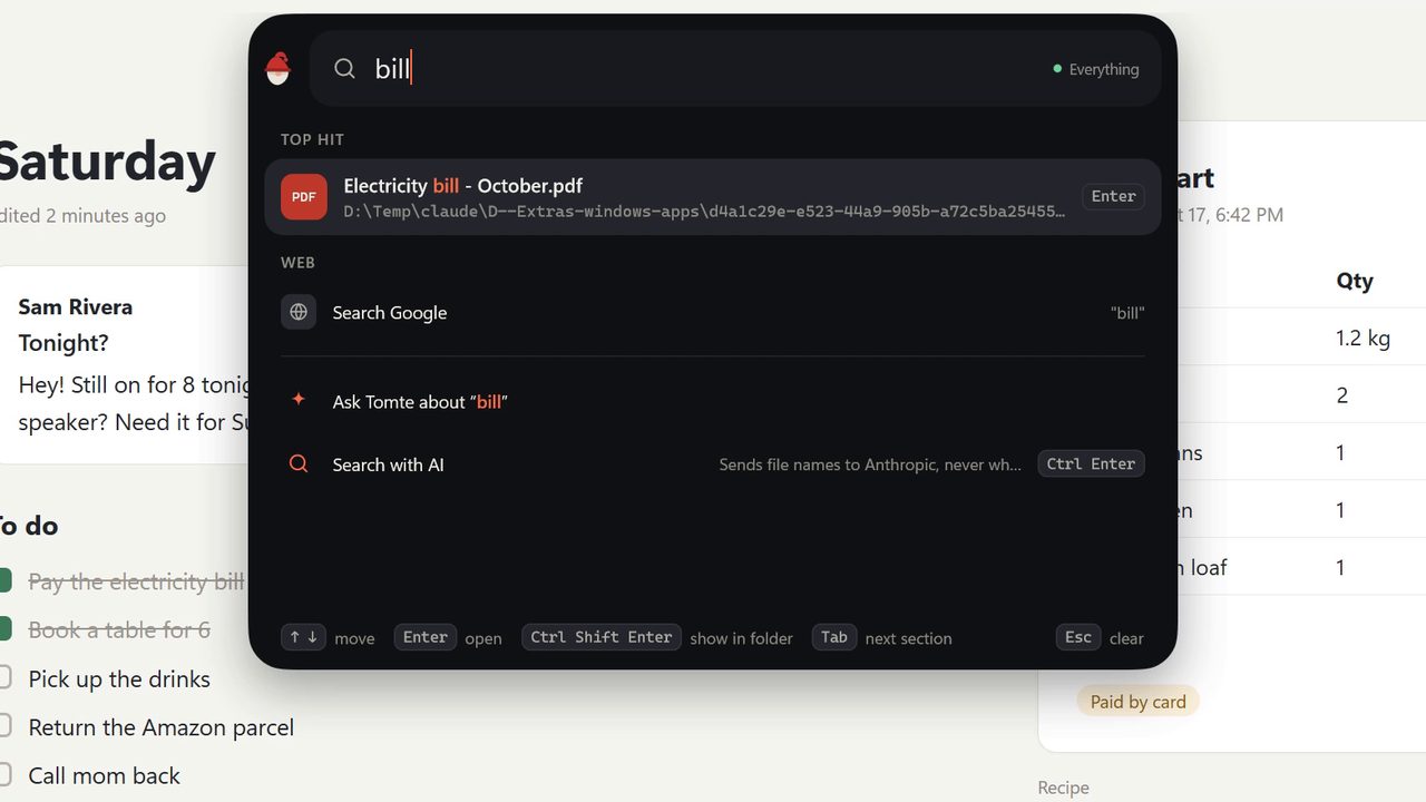 The search box with a PDF as the top hit, a web search, and rows to ask Tomte or search with AI.